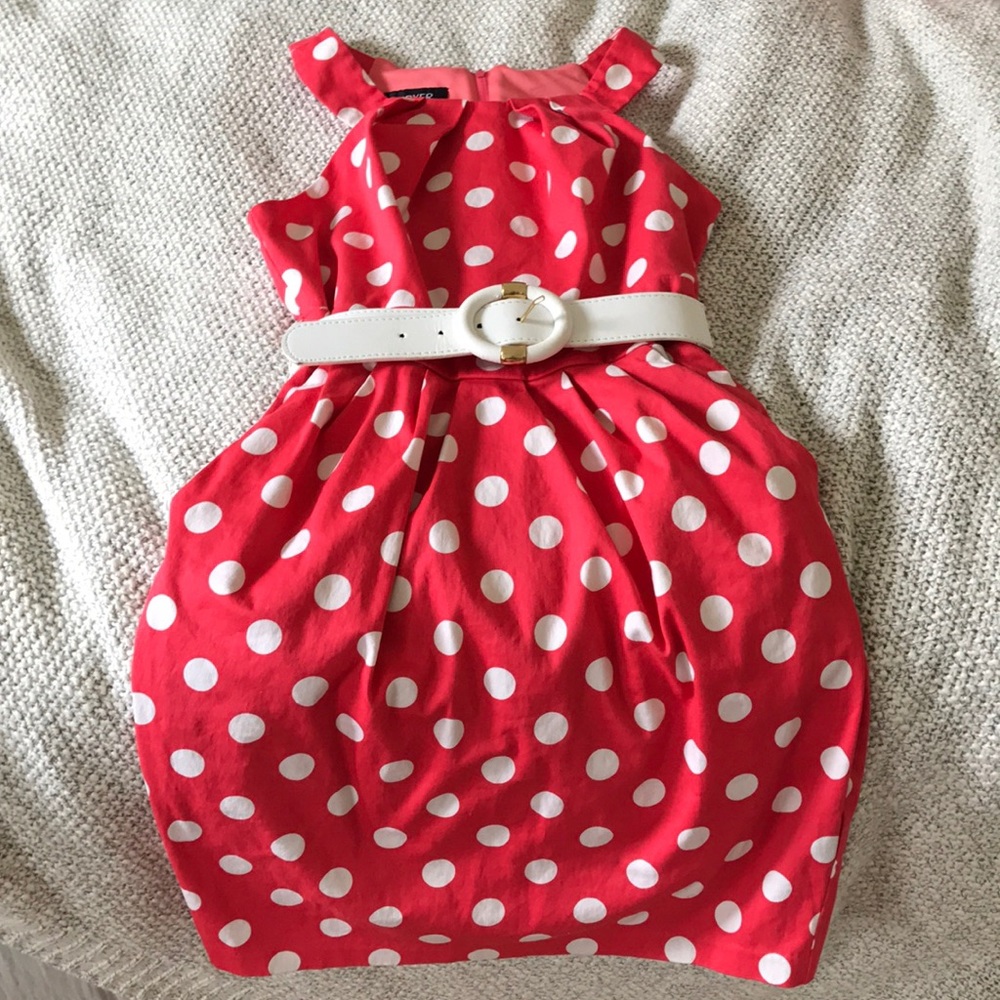 Coral and White Polka Dots Dress with Belt